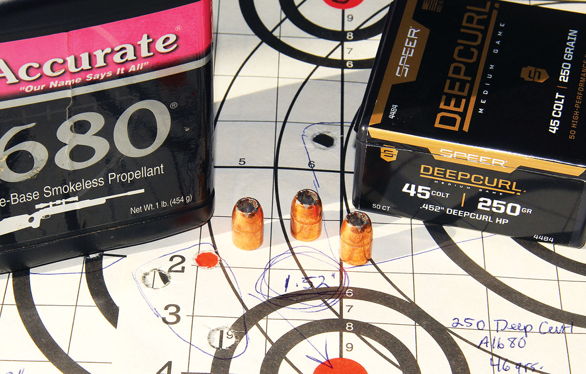 Speer’s rugged 250-grain Deep Curl was paired with 46 grains of Accurate 1680 to shoot this 1.52-inch group with a velocity of just 1,474 fps. While certainly accurate, A-1680 lacked velocity.